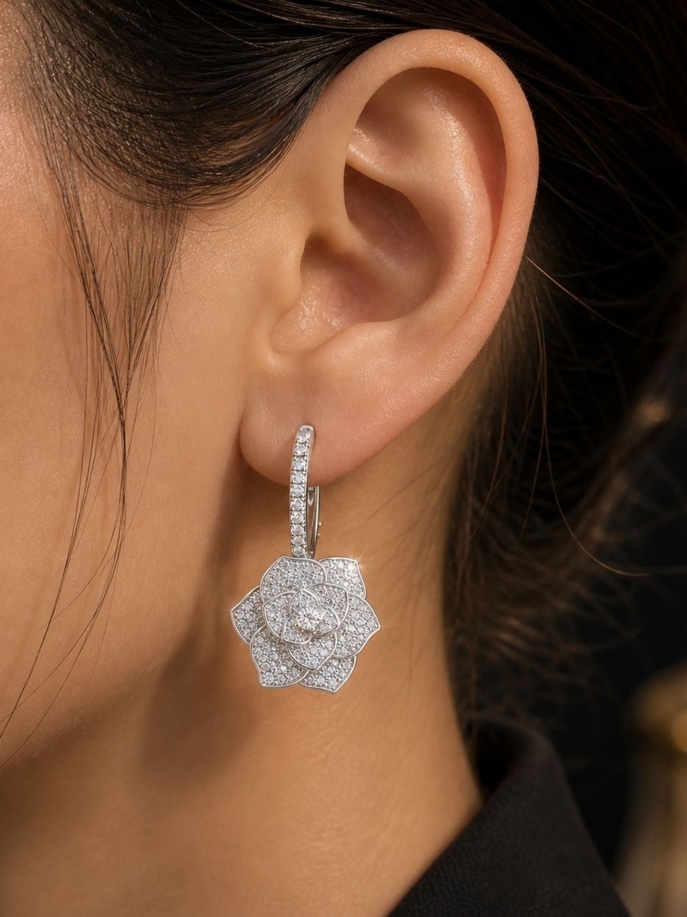 Silver Floral Pavé Drop Hoop Earrings - Picture 4 of 5